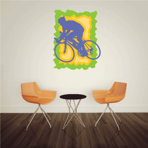 Square bicycle sticker with blue and yellow rider graphic on green background