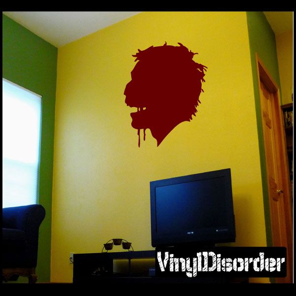 Drooling zombie head decal, red silhouette with dripping mouth detail