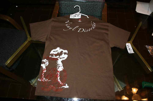 Brown T-shirt with white and red graphic print on front