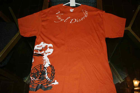 Orange graphic T-shirt with large front illustration and white text