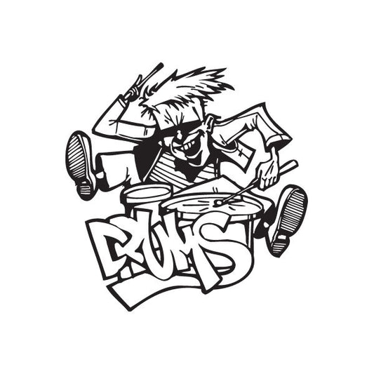 Graffiti drum decal of a cartoon drummer and drums in black and white