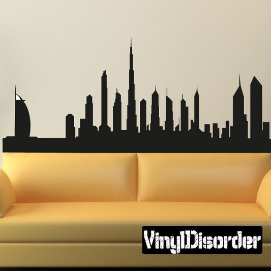 Dubai skyline vinyl decal, black city silhouette with tall central tower