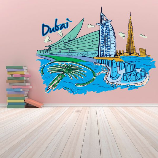 Dubai sticker with colorful city skyline, Burj Khalifa, palm tree and ocean wave design