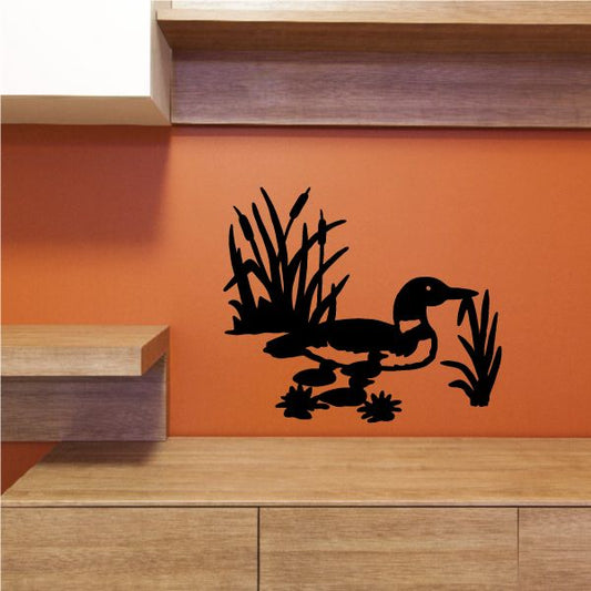 Duck and loon wall decal, black vinyl silhouette with pond plants and water