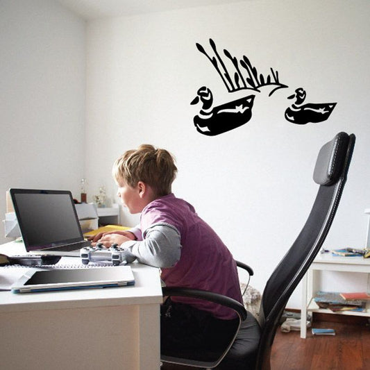 Swimming duck wall decal, set of three black duck silhouettes with splash lines