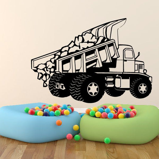 Dump truck wall decal with gravel in raised bed, black and white outline