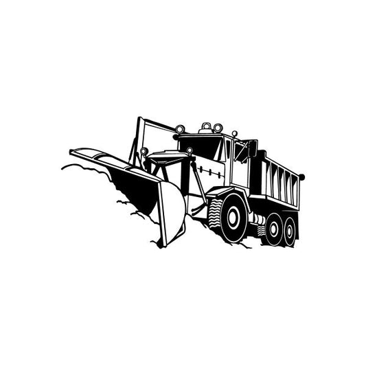 Dump truck decal with front plow, black and white illustration