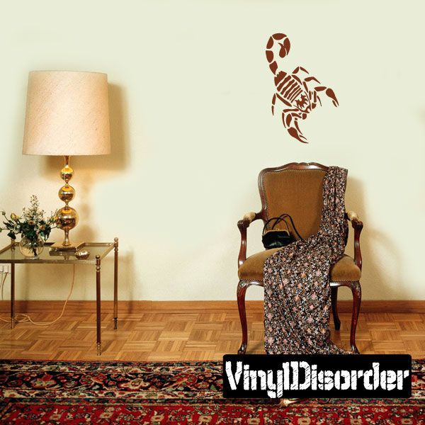 Scorpion wall decal with dark brown silhouette on a light wall