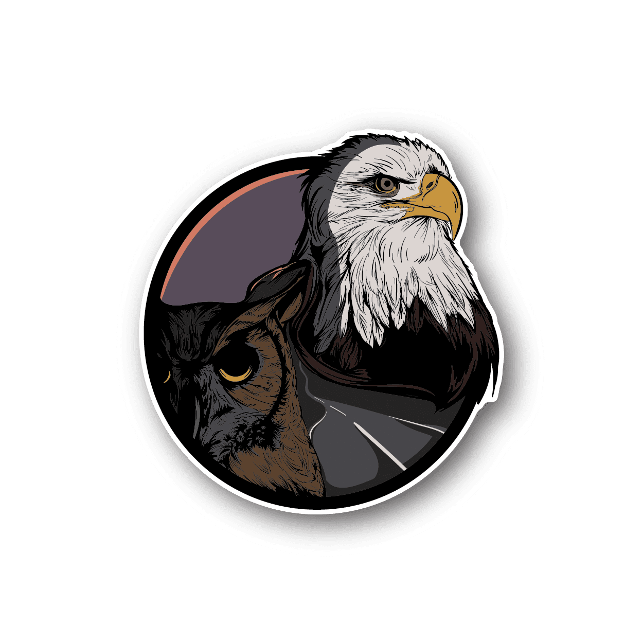 Circular eagle and owl vinyl sticker with black and white birds
