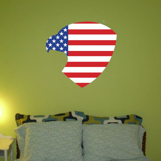 Eagle-shaped America flag sticker with red stripes and blue star section