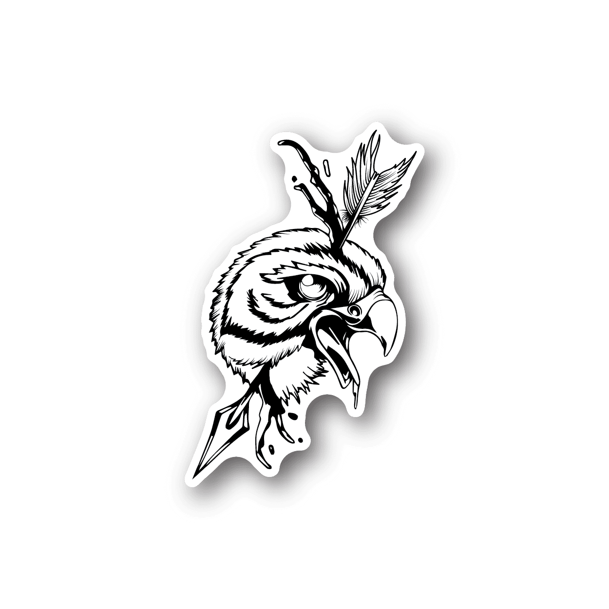 Eagle head tattoo vinyl sticker with arrow and feather, white outline