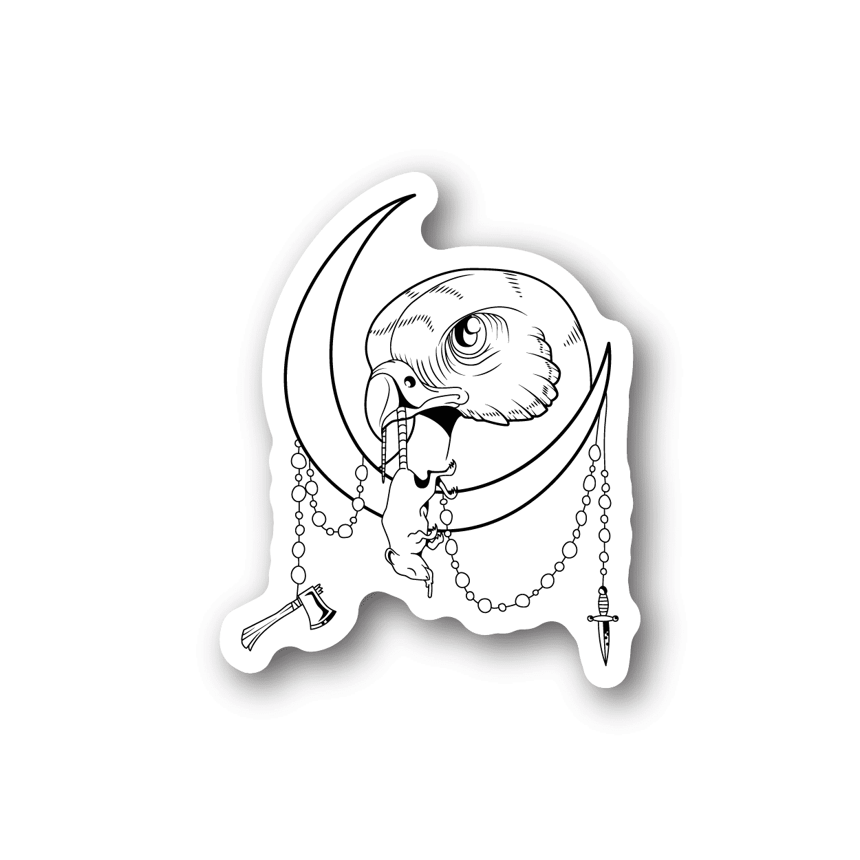 Vinyl sticker: white eagle and rat illustration with dangling chain details, black outline.
