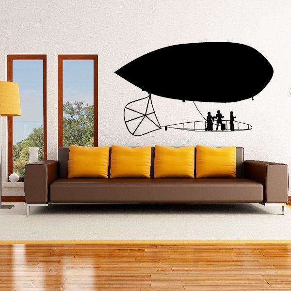 Black dirigible decal with cable basket and silhouettes of people on a small platform