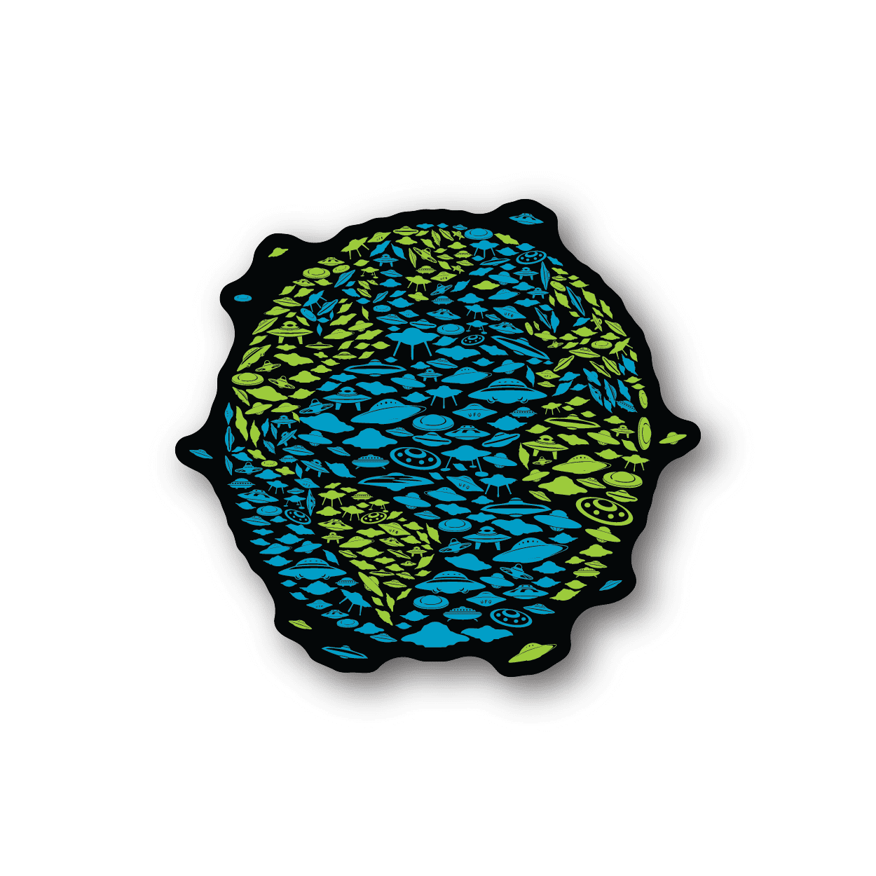 Earth UFO vinyl sticker with blue and green collage design, rounded shape