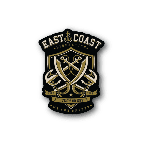 Black vinyl sticker with gold East Coast Liberation badge and crossed anchors