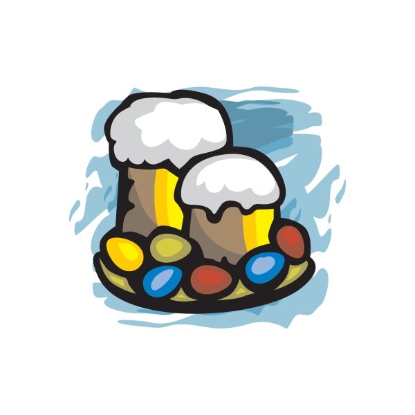 Easter beer mug sticker with two cartoon mugs and colorful eggs