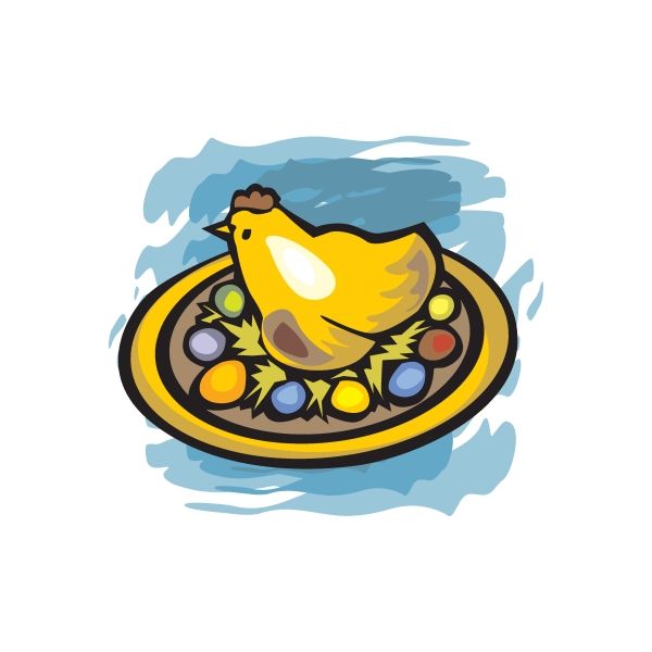Easter chicken hen sitting on eggs sticker, colorful cartoon design