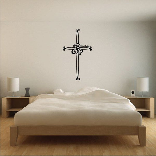 Easter cross line swirl decal, black decorative cross with scroll accents
