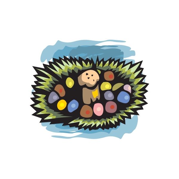 Easter egg sticker with cartoon bunny and colorful eggs inside green grass frame