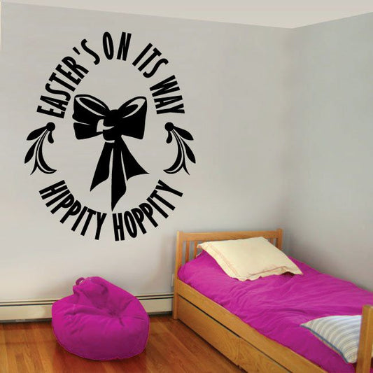 Black Easter wall decal with bow and bunny, “Hippity Hoppity” text
