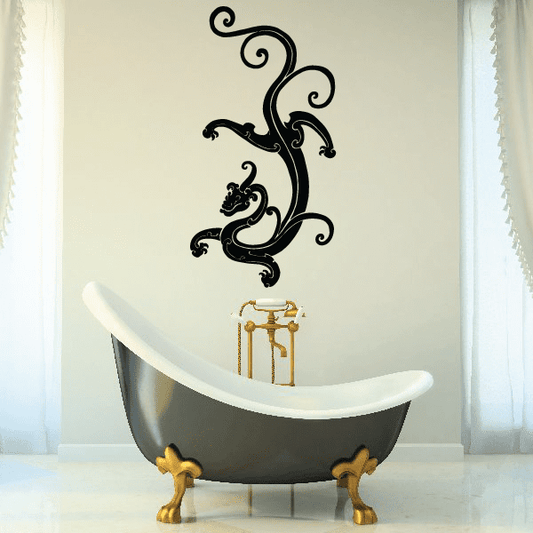 Black eastern dragon wall decal with curling ornament details and two dragon heads.