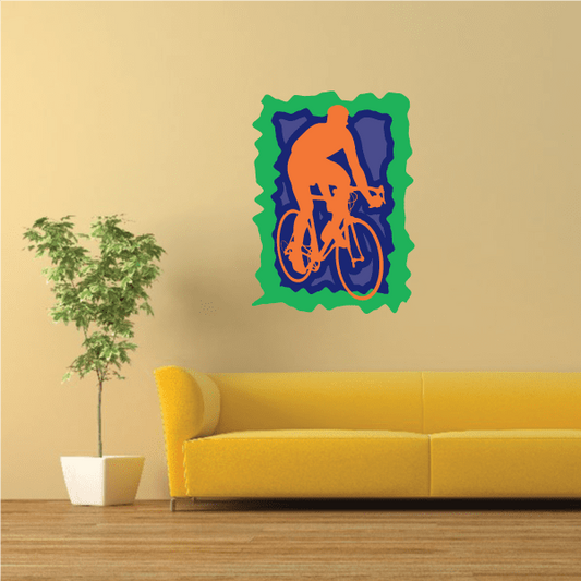 Cyclist sticker with orange bicycle and navy silhouette, green wavy border