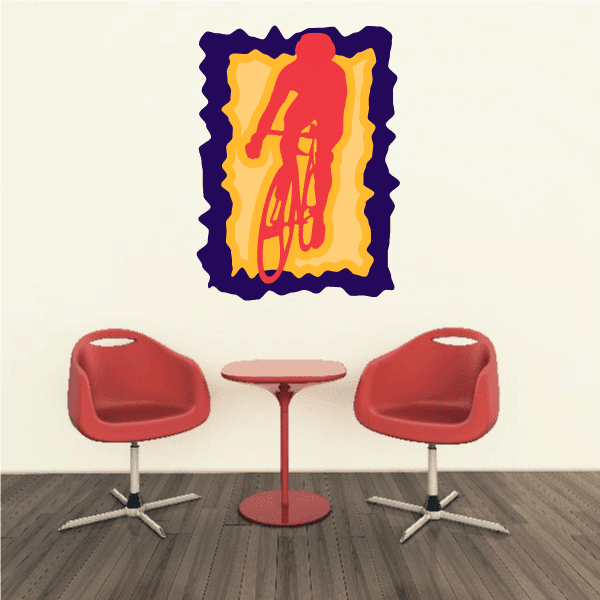 Cyclist sticker with blue wavy border, yellow/orange flames and red rider graphic.