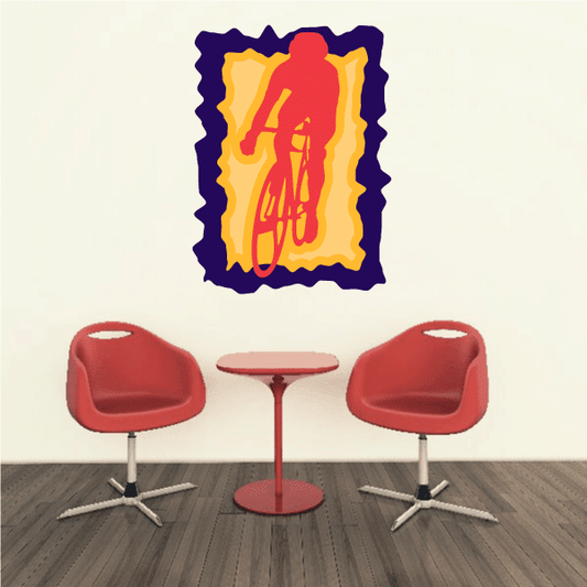 Cyclist sticker with blue wavy border, yellow/orange flames and red rider graphic.