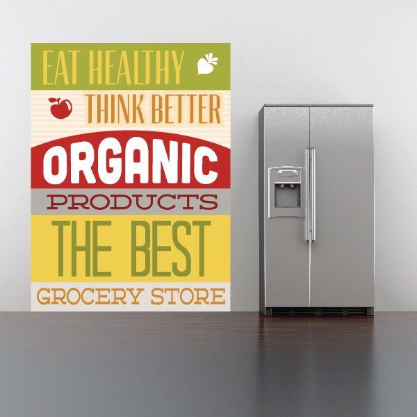 Colorful typographic sticker reading Eat Healthy Think Better Organic Products, The Best