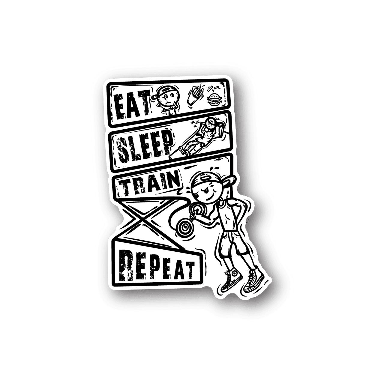 Vinyl sticker: 'EAT SLEEP TRAIN REPEAT' text with cartoon train character
