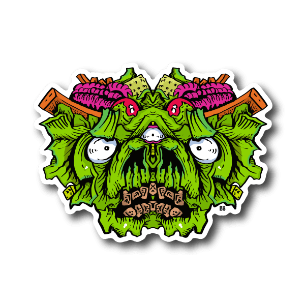 Vinyl sticker of a green monster face with purple hair and white eyes