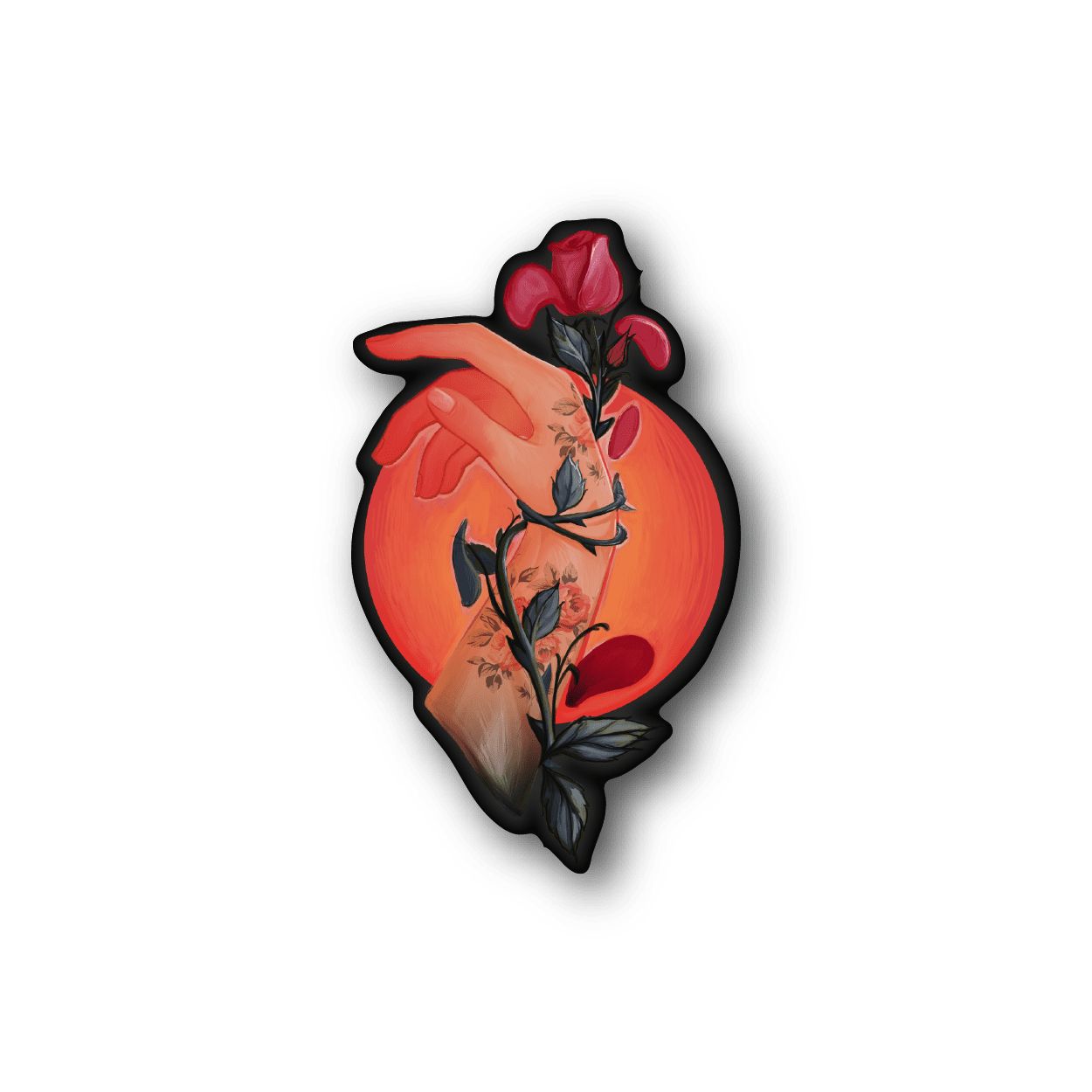 Vinyl sticker with red rose and floral face design on a dark circle