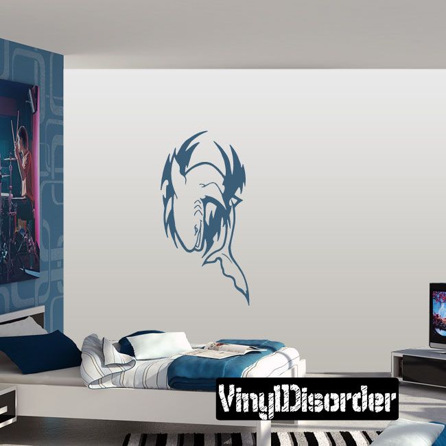Fierce blue shark head decal sticker, bold outlined graphic