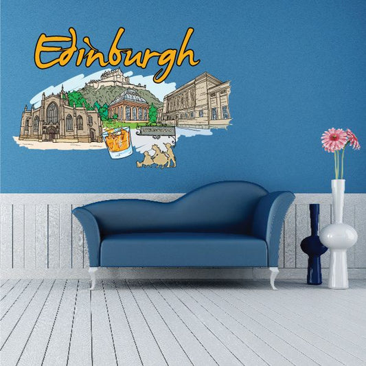 Edinburgh sticker with illustrated skyline and yellow script lettering