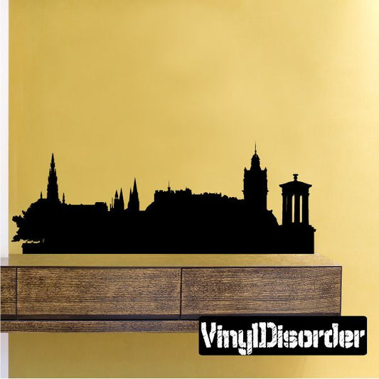Black city skyline wall decal silhouette with tall spires and domed tower
