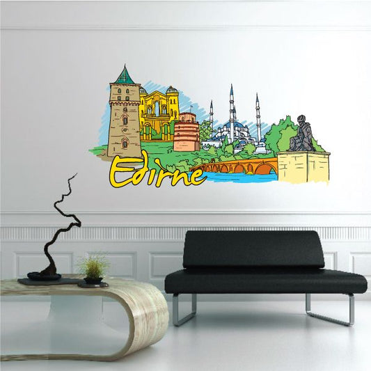 Edirne sticker with illustrated city skyline and yellow “Edirne” lettering