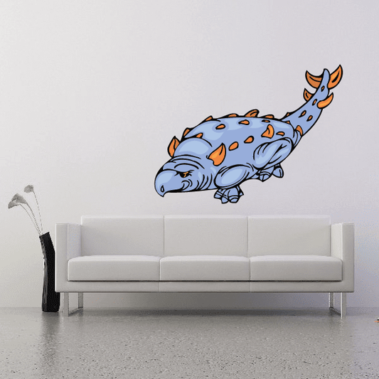 Blue Edmontonia dinosaur sticker, cartoon style with orange horns and spots