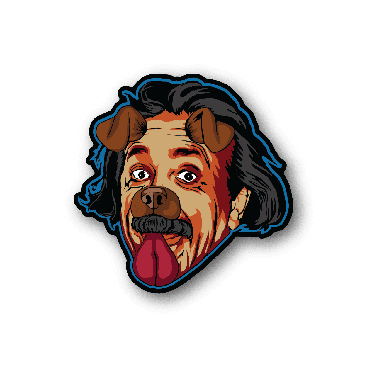 Vinyl dog sticker with cartoon brown face, tongue out, blue outline