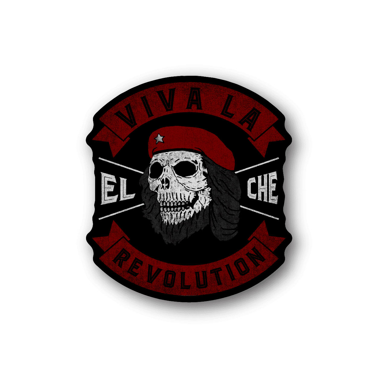 Vinyl sticker with black skull and red head wrap, Viva La Revolution text, El Che