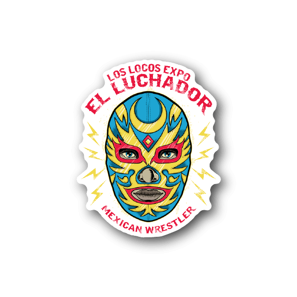 Mexican wrestler vinyl sticker with blue mask and red eyes, white border