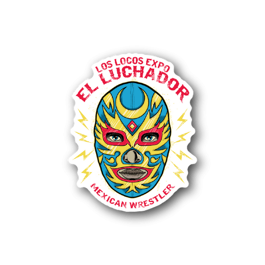 Mexican wrestler vinyl sticker with blue mask and red eyes, white border