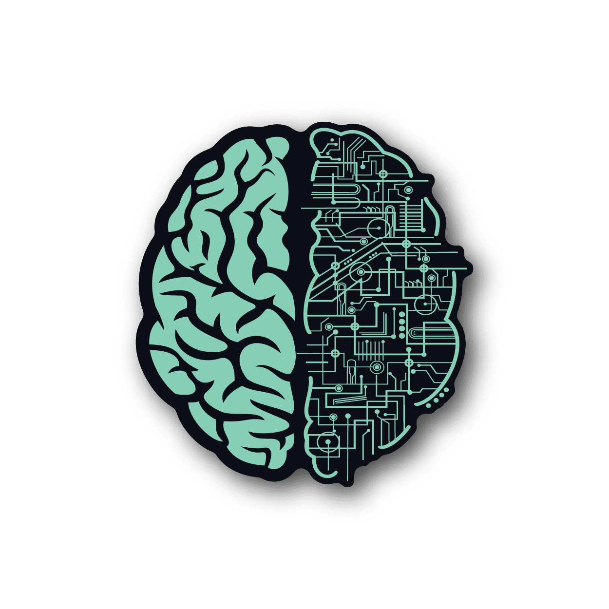 Brain-shaped vinyl sticker with circuit lines, teal and dark ink