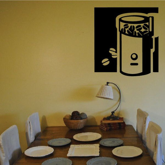 Coffee grinder wall decal with stylized canister and coffee beans