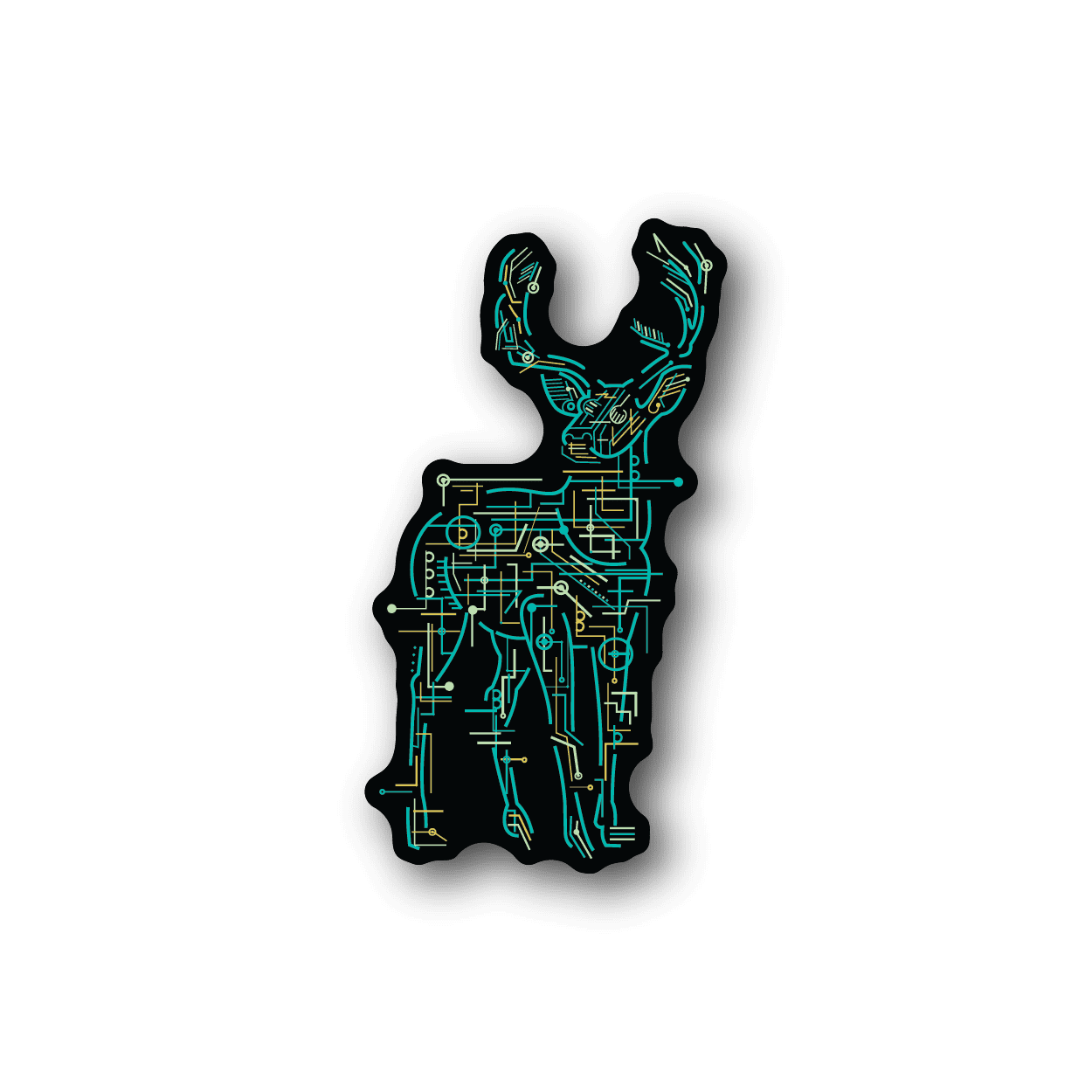 Electric deer vinyl sticker with teal circuit line art and antlers