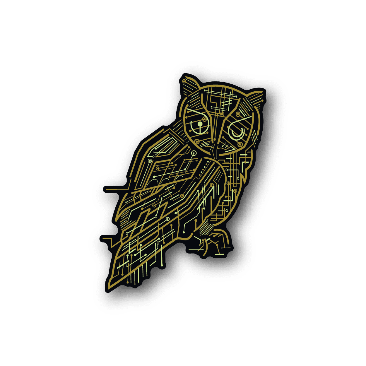 Electrical owl vinyl sticker with yellow circuitry line art