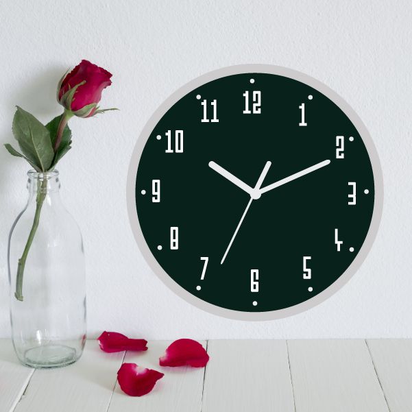 Round wall clock vinyl decal, dark green face with white numerals and clock hands