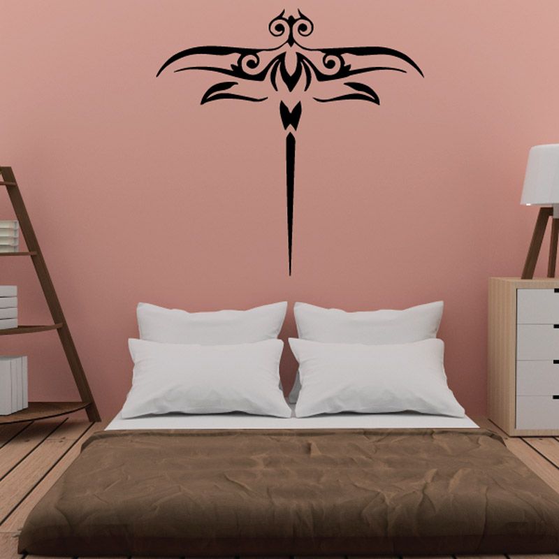 Elegant dragonfly wall decal, black ornamental silhouette with long thin tail.