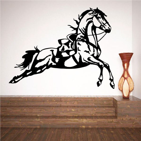 Leaping horse decal with saddle, black silhouette