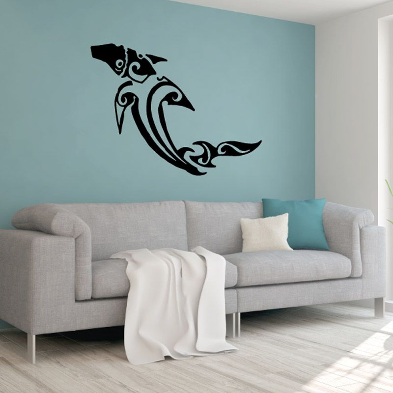 Tribal shark wall decal, black stylized shark silhouette with decorative swirls