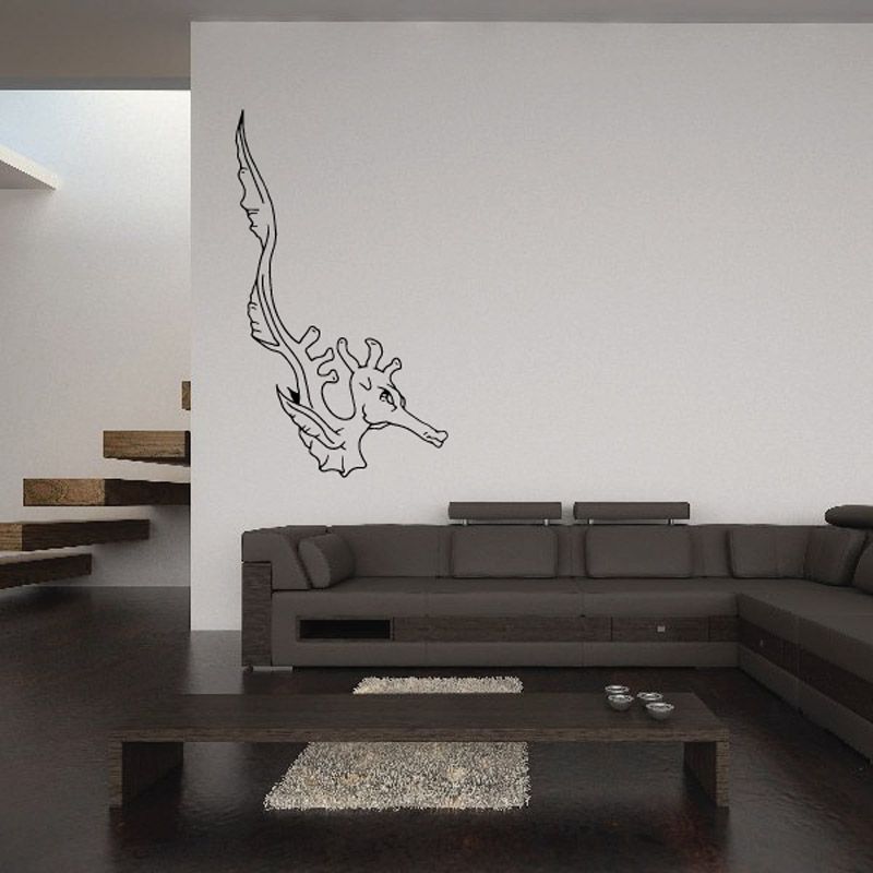 Diving seahorse wall decal, black line art